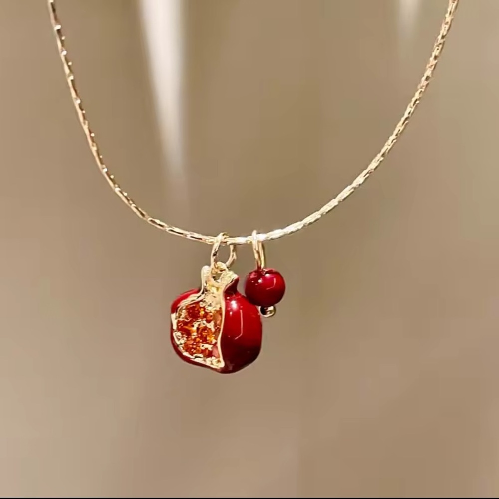 Gold Red Charm Pendant Necklace pomegranate